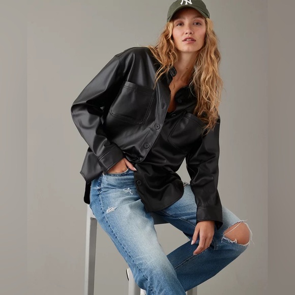 American Eagle Women’s XL Black Vegan Leather Oversized Shirt Jacket Shacket - Picture 1 of 8